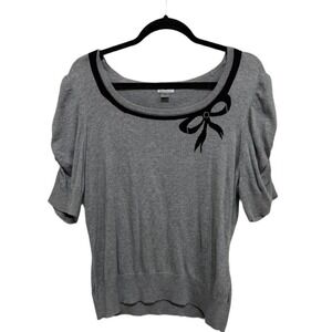 Worthington Gray Black Bow Cotton Blend Short Sleeve Sweater Size XL